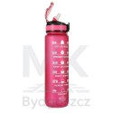 Butelka na wodę bidon ze słomką uchwytem miarką motywacyjną na siłownię BPA free Tritan 1l różowa
