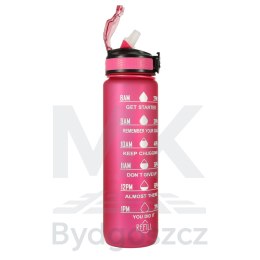 Butelka na wodę bidon ze słomką uchwytem miarką motywacyjną na siłownię BPA free Tritan 1l różowa