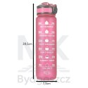 Butelka na wodę bidon ze słomką uchwytem miarką motywacyjną na siłownię BPA free Tritan 1l różowa