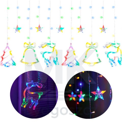 Lampki LED kurtyna renifer dzwonek mix świąteczne choinkowe 2,5m 138LED multikolor 8 trybów świecenia IP44