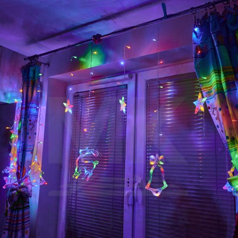 Lampki LED kurtyna renifer dzwonek mix świąteczne choinkowe 2,5m 138LED multikolor 8 trybów świecenia IP44 Lampki LED kurtyna renifer dzwonek mix świąteczne choinkowe 2,5m 138LED multikolor 8 trybów świecenia IP44