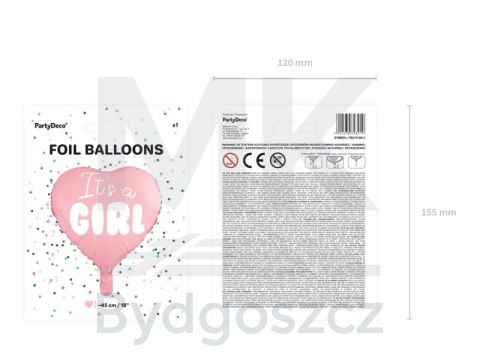 Balon foliowy "It's a girl" na baby shower serce różowe 48cm Balon foliowy "It's a girl" na baby shower serce różowe 48cm