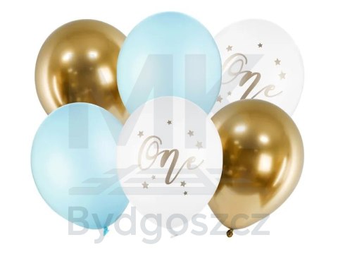 Balony urodzinowe Pastel Light Blue biały złoty niebieski 30cm 6 sztuk