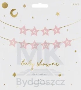 Baner napis na baby shower gwiazdki jasnoróżowe 290cm x 16,5cm Baner napis na baby shower gwiazdki jasnoróżowe 290cm x 16,5cm