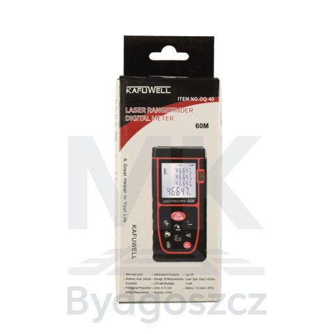 Dalmierz laserowy miernik odległości cyfrowy wodoodporny IP54 3mm/60m pokrowiec zasilanie bateryjne KAFUWELL Dalmierz laserowy miernik odległości cyfrowy wodoodporny IP54 3mm/60m pokrowiec zasilanie bateryjne KAFUWELL
