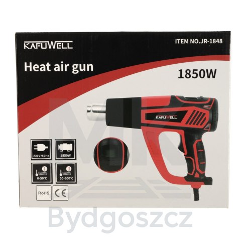 KAFUWELL Opalarka elektryczna z regulacja tempratury 0-600 st. C przepływ powietrza 300-500 l/min + 4 wymienne końcówki 1850W KAFUWELL Opalarka elektryczna z regulacja tempratury 0-600 st. C przepływ powietrza 300-500 l/min + 4 wymienne końcówki 1850W