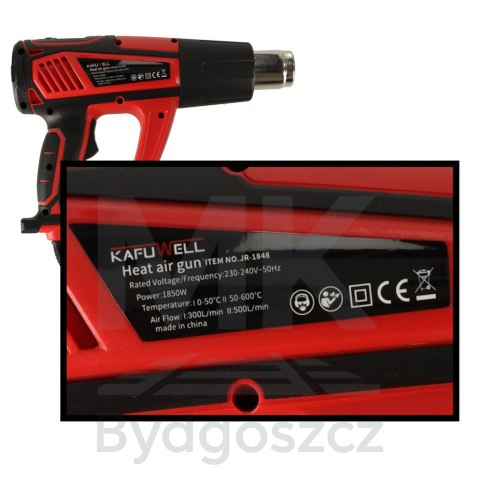 KAFUWELL Opalarka elektryczna z regulacja tempratury 0-600 st. C przepływ powietrza 300-500 l/min + 4 wymienne końcówki 1850W KAFUWELL Opalarka elektryczna z regulacja tempratury 0-600 st. C przepływ powietrza 300-500 l/min + 4 wymienne końcówki 1850W