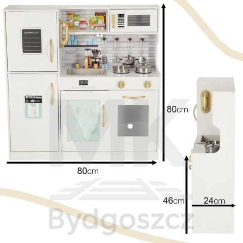 Kuchnia dla dzieci drewniana z lodówką listą zakupów światło LED + akcesoria garnki sztućce duża 80cm Kuchnia dla dzieci drewniana z lodówką listą zakupów światło LED + akcesoria garnki sztućce duża 80cm