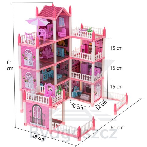 Domek dla lalek willa różowa DIY 4 poziomy mebelki 61cm Domek dla lalek willa różowa DIY 4 poziomy mebelki 61cm
