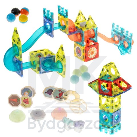 Klocki magnetyczne marble tor kulkowy świecący 75 elementów Klocki magnetyczne marble tor kulkowy świecący 75 elementów