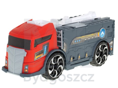 TIR laweta ciężarówka samochód transporter naczepa 2w1 parking resoraki straż pożarna 2 auta czerwone TIR laweta ciężarówka samochód transporter naczepa 2w1 parking resoraki straż pożarna 2 auta czerwone
