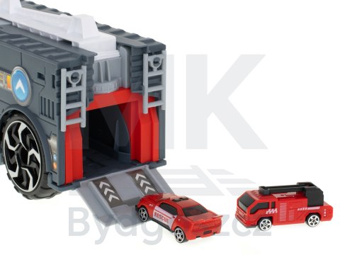 TIR laweta ciężarówka samochód transporter naczepa 2w1 parking resoraki straż pożarna 2 auta czerwone TIR laweta ciężarówka samochód transporter naczepa 2w1 parking resoraki straż pożarna 2 auta czerwone