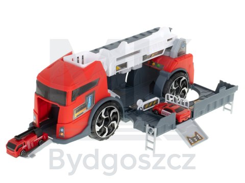 TIR laweta ciężarówka samochód transporter naczepa 2w1 parking resoraki straż pożarna 2 auta czerwone TIR laweta ciężarówka samochód transporter naczepa 2w1 parking resoraki straż pożarna 2 auta czerwone