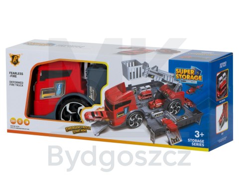 TIR laweta ciężarówka samochód transporter naczepa 2w1 parking resoraki straż pożarna 2 auta czerwone TIR laweta ciężarówka samochód transporter naczepa 2w1 parking resoraki straż pożarna 2 auta czerwone