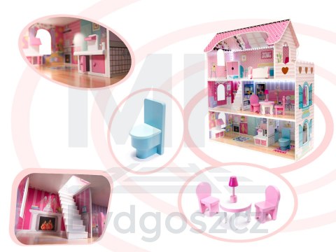 Domek dla lalek drewniany MDF mebelki 70cm różowy LED Domek dla lalek drewniany MDF mebelki 70cm różowy LED