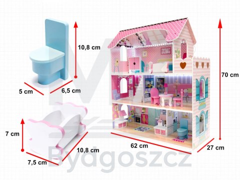 Domek dla lalek drewniany MDF mebelki 70cm różowy LED Domek dla lalek drewniany MDF mebelki 70cm różowy LED