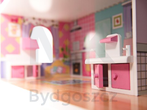 Domek dla lalek drewniany MDF mebelki 70cm różowy LED Domek dla lalek drewniany MDF mebelki 70cm różowy LED