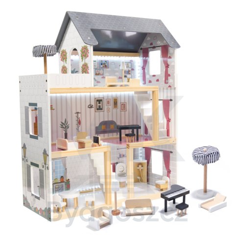 Domek dla lalek drewniany MDF mebelki 78cm czarny LED Domek dla lalek drewniany MDF mebelki 78cm czarny LED