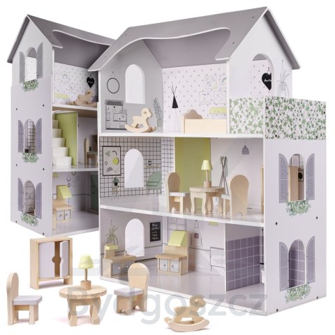 Domek dla lalek drewniany mebelki 70cm szary Domek dla lalek drewniany mebelki 70cm szary