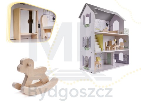 Domek dla lalek drewniany mebelki 70cm szary Domek dla lalek drewniany mebelki 70cm szary