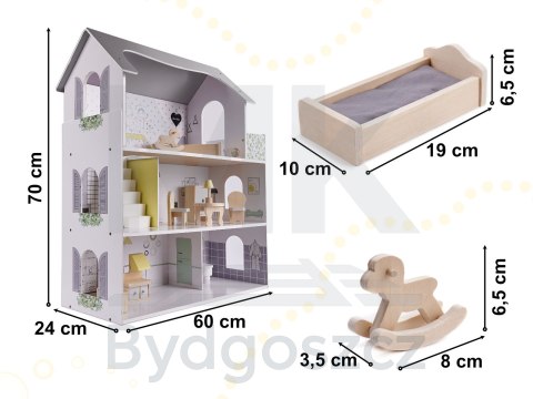 Domek dla lalek drewniany mebelki 70cm szary Domek dla lalek drewniany mebelki 70cm szary