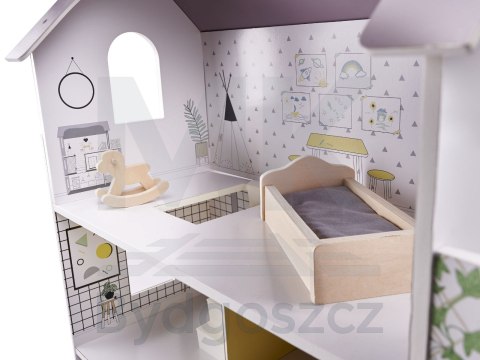 Domek dla lalek drewniany mebelki 70cm szary Domek dla lalek drewniany mebelki 70cm szary