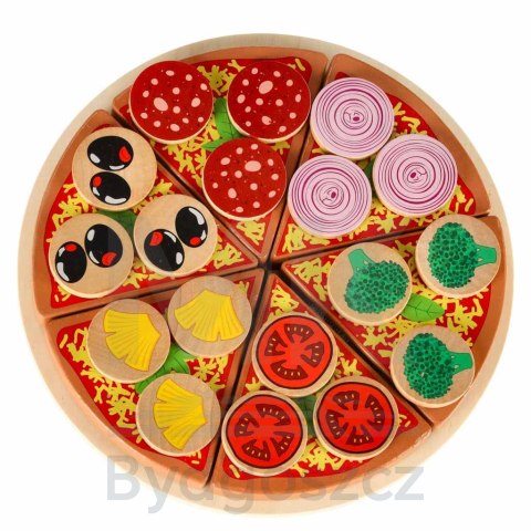 Pizza drewniany zestaw do zabawy na rzep akcesoria łopatka nóż talerz nauka krojenia 20cm Pizza drewniany zestaw do zabawy na rzep akcesoria łopatka nóż talerz nauka krojenia 20cm