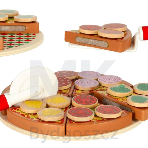 Pizza drewniany zestaw do zabawy na rzep akcesoria łopatka nóż talerz nauka krojenia 20cm Pizza drewniany zestaw do zabawy na rzep akcesoria łopatka nóż talerz nauka krojenia 20cm