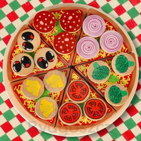 Pizza drewniany zestaw do zabawy na rzep akcesoria łopatka nóż talerz nauka krojenia 20cm Pizza drewniany zestaw do zabawy na rzep akcesoria łopatka nóż talerz nauka krojenia 20cm