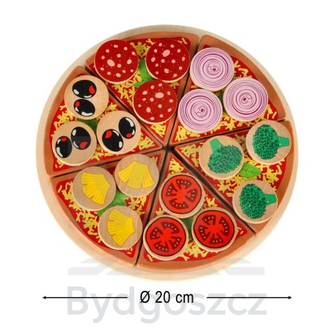 Pizza drewniany zestaw do zabawy na rzep akcesoria łopatka nóż talerz nauka krojenia 20cm Pizza drewniany zestaw do zabawy na rzep akcesoria łopatka nóż talerz nauka krojenia 20cm