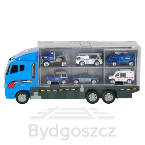 Transporter ciężarówka TIR wyrzutnia + metalowe auta policja Transporter ciężarówka TIR wyrzutnia + metalowe auta policja