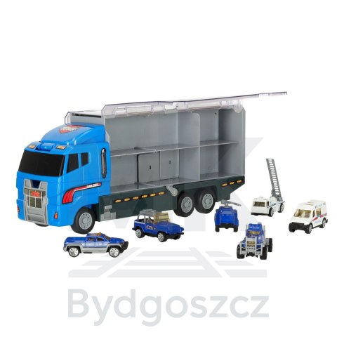 Transporter ciężarówka TIR wyrzutnia + metalowe auta policja Transporter ciężarówka TIR wyrzutnia + metalowe auta policja