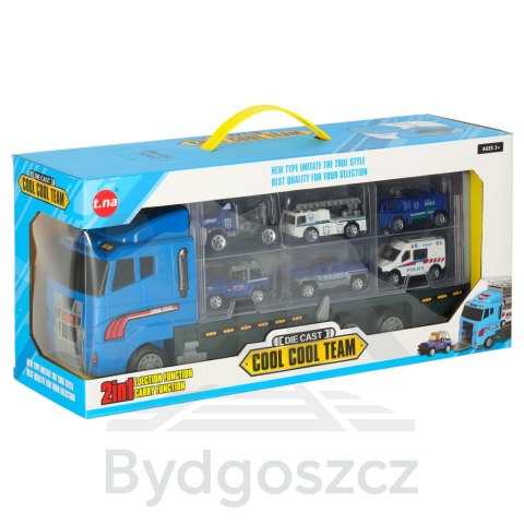 Transporter ciężarówka TIR wyrzutnia + metalowe auta policja Transporter ciężarówka TIR wyrzutnia + metalowe auta policja