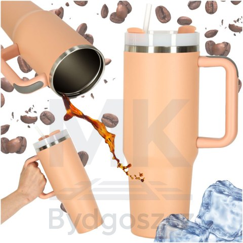 Kubek termiczny ze słomką i uchwytem termos 1200ml róż pudrowy
