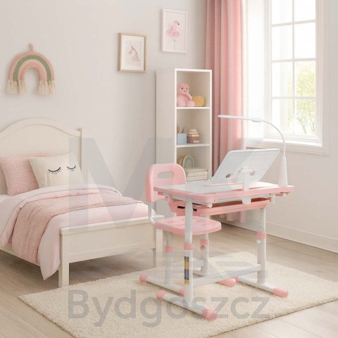 Biurko dziecięce szkolne regulowane krzesło lampka LED USB różowe Biurko dziecięce szkolne regulowane krzesło lampka LED USB różowe