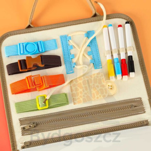 Tablica manipulacyjna sensoryczna montessori walizka dinozaury Tablica manipulacyjna sensoryczna montessori walizka dinozaury