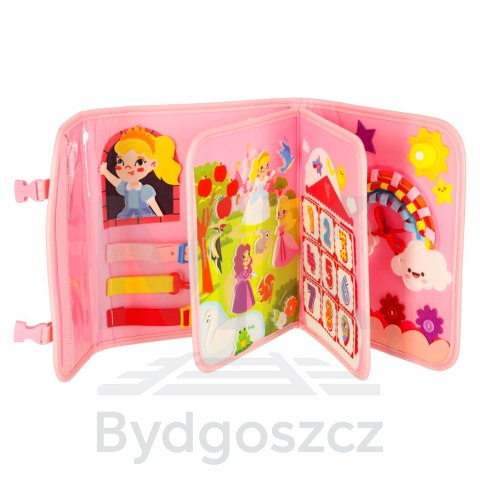 Tablica manipulacyjna sensoryczna montessori walizka plecak różowa Tablica manipulacyjna sensoryczna montessori walizka plecak różowa