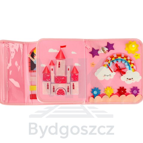 Tablica manipulacyjna sensoryczna montessori walizka plecak różowa Tablica manipulacyjna sensoryczna montessori walizka plecak różowa