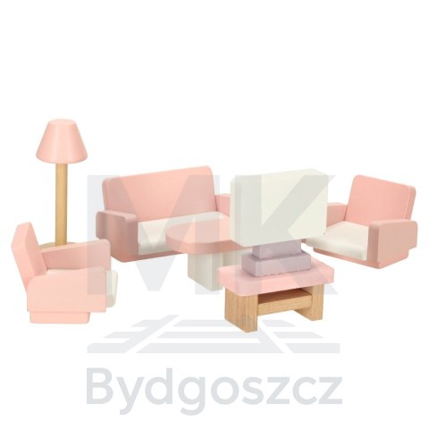 Mebelki do domku dla lalek salon sypialnia łazienka kuchnia drewniane różowe Mebelki do domku dla lalek salon sypialnia łazienka kuchnia drewniane różowe