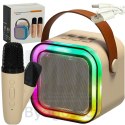 Zestaw do karaoke głośnik Bluetooth 2 mikrofony USB LED 6W beżowy