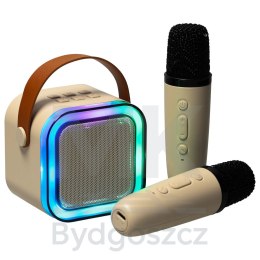 Zestaw do karaoke głośnik Bluetooth 2 mikrofony USB LED 6W beżowy