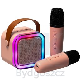 Zestaw do karaoke głośnik Bluetooth 2 mikrofony USB LED 6W różowy