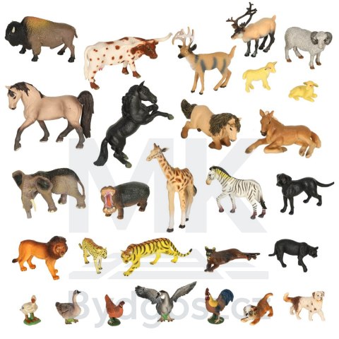 Figurki zwierząt zwierzęta zoo safari farma akcesoria skrzynka 28el.