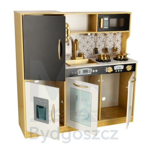 Kuchnia dla dzieci drewniana z lodówką tablicą kredową złota LULILO