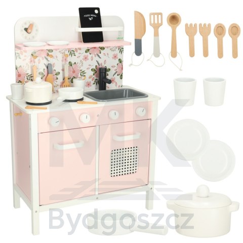 Kuchnia dla dzieci drewniana MDF Lulilo FLoro akcesoria różowa 82cm