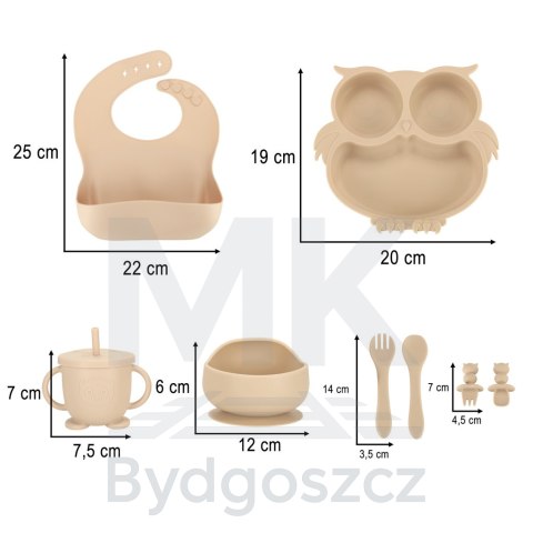 Naczynia silikonowe dla dzieci sowa zestaw 8 elementów beżowe Naczynia silikonowe dla dzieci sowa zestaw 8 elementów beżowe