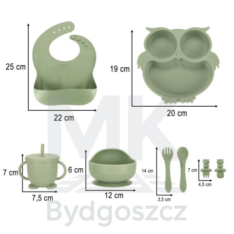 Naczynia silikonowe dla dzieci sowa zestaw 8 elementów zielone Naczynia silikonowe dla dzieci sowa zestaw 8 elementów zielone