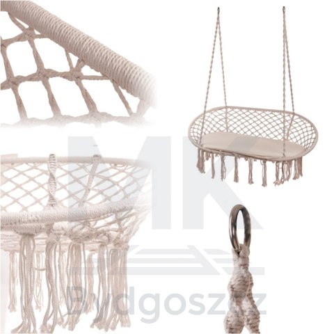 Huśtawka bocianie gniazdo podwójne dwuosobowe z frędzlami beż + poduszka 240kg Huśtawka bocianie gniazdo podwójne dwuosobowe z frędzlami beż + poduszka 240kg